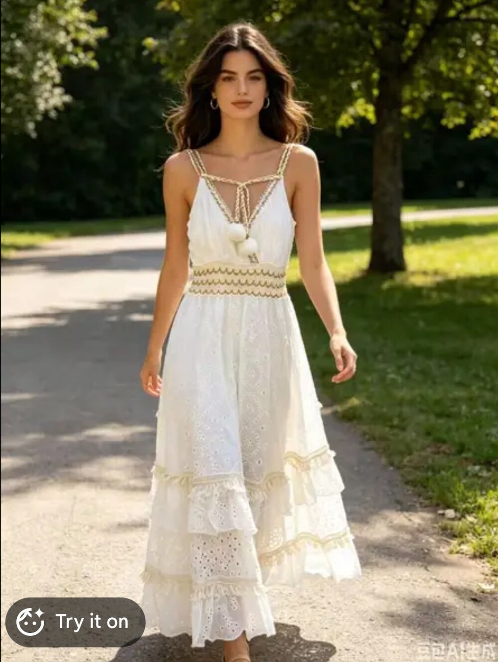 IT 9 Imported From Italy Cotton Boho Eyelet Maxi Dress with Tassel Tie - White